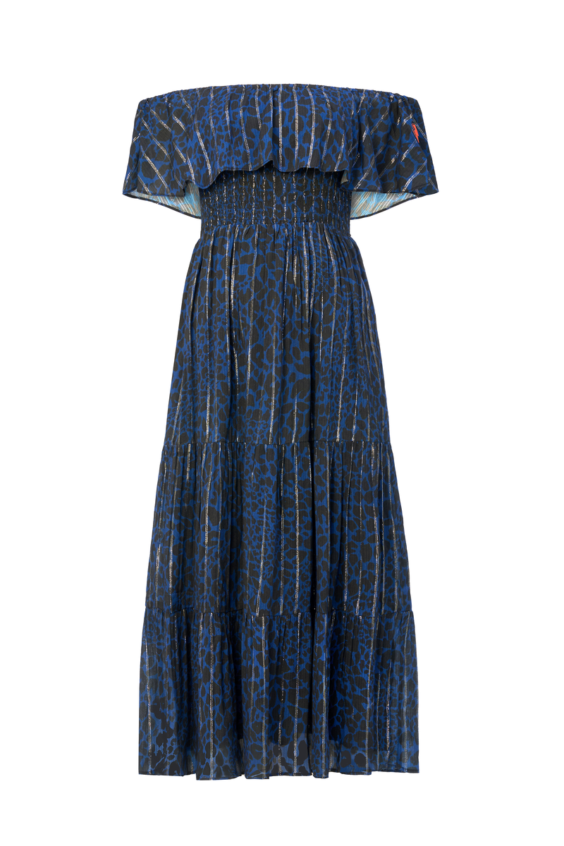 Navy met Black Rock and Roll Leopard Metallic Bardot Midi Jurk