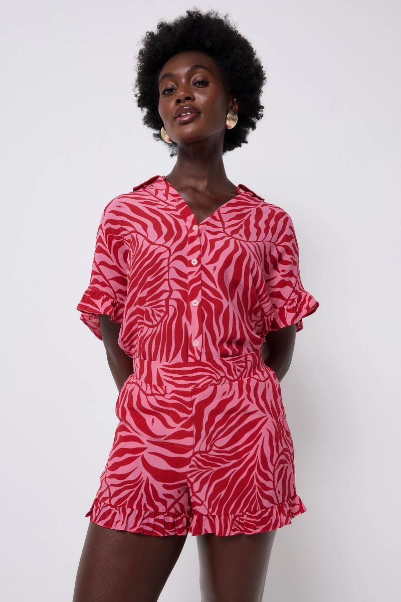 Pink with Red Palm Frill Hem Shorts