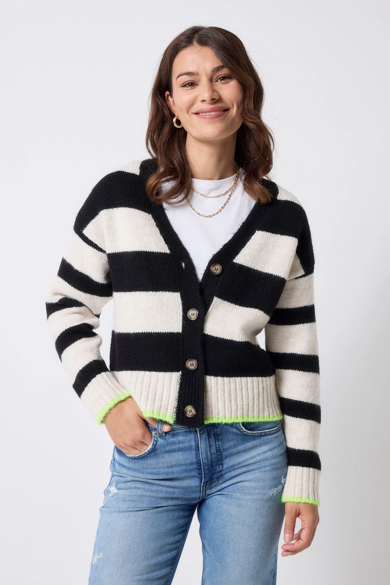 Cream with Black Bold Stripe Cardigan - 22 / Cream