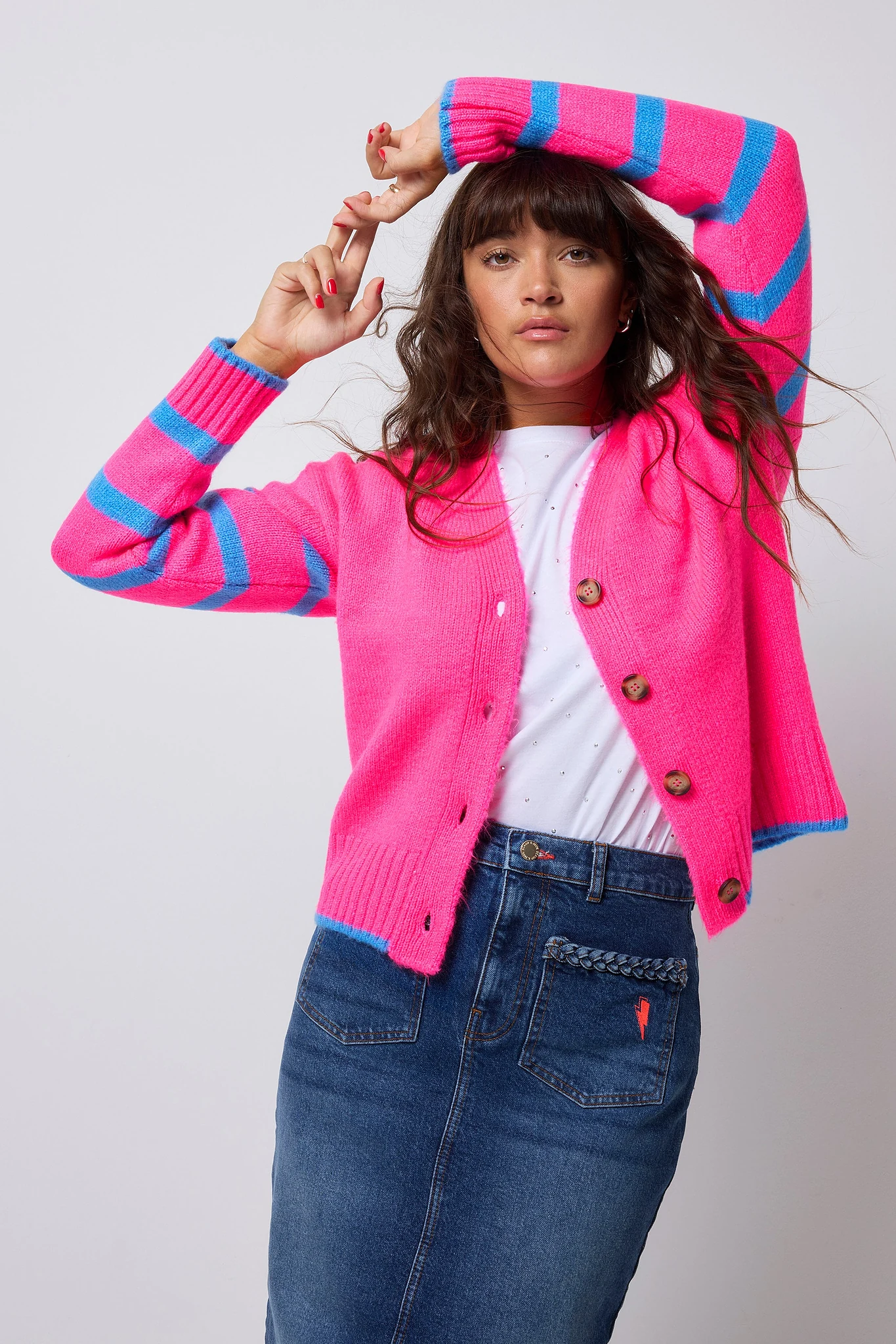 Neon Pink with Blue Stripe Cardigan - 14 / Pink