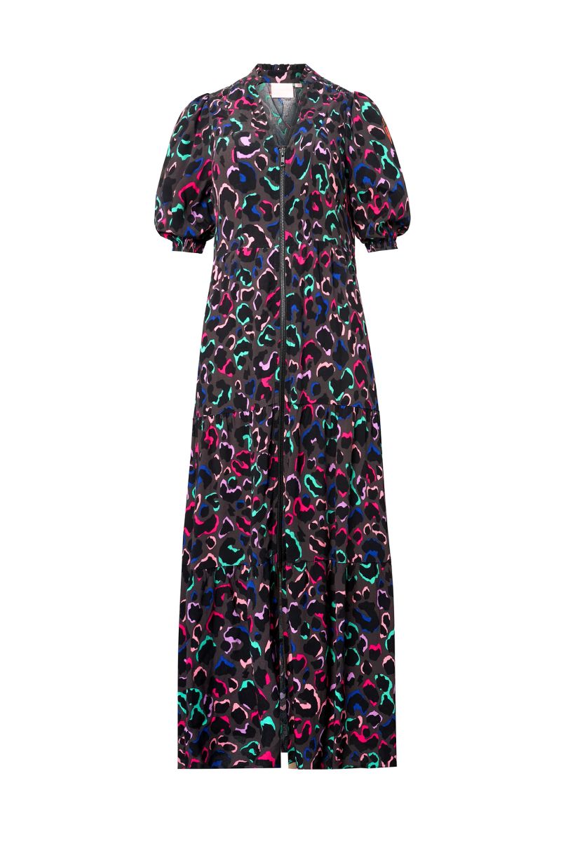 Grey with Rainbow Ziggy Leopard Zip Front Midi Tiered Dress