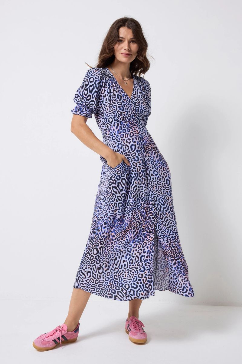 Lilla con Leopardo Nero e Rosa Ray Manica Flute Midi Tea Dress - 18 / Lilla