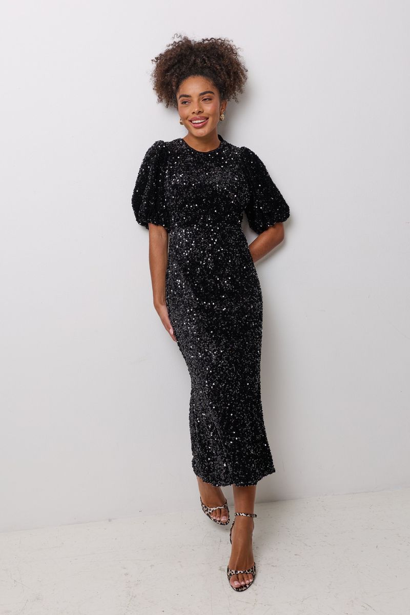Black Sequin Tie Back Puff Sleeve Velvet Midi Dress
