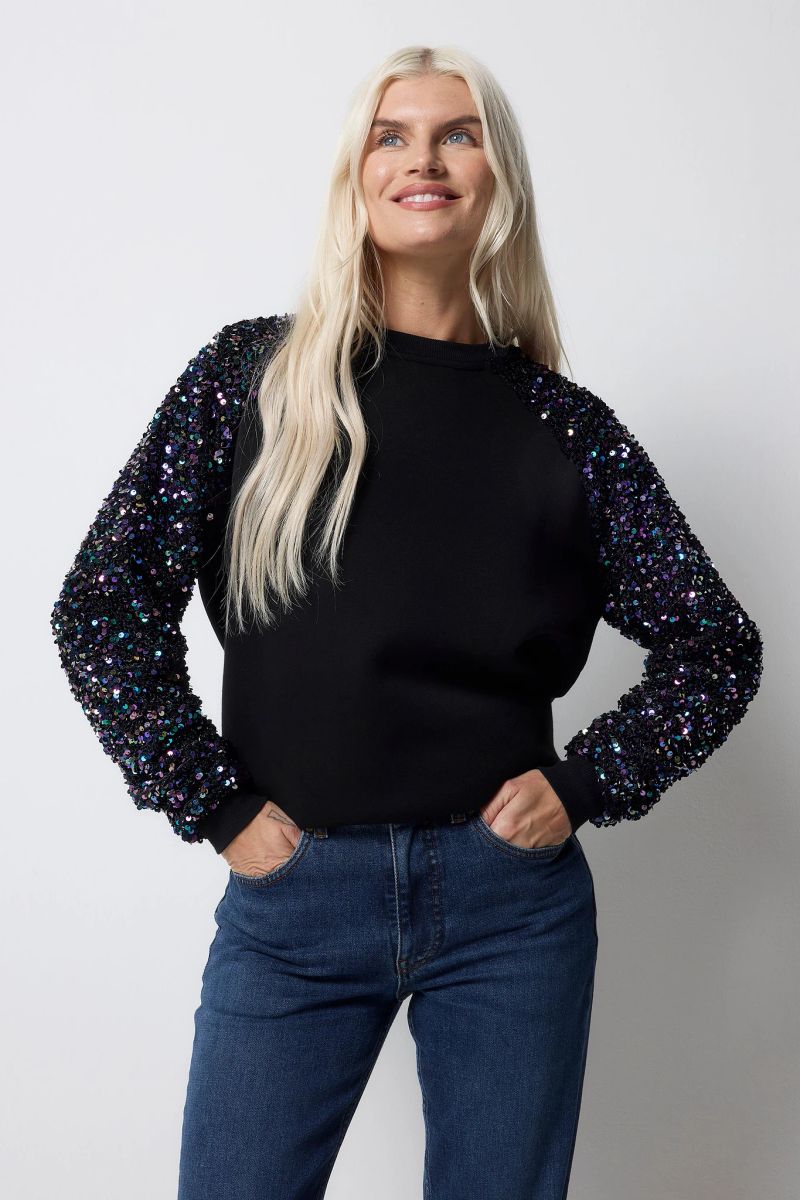 Noir avec Manche Raglan Sequin Iridescent Violet Sweatshirt - 16 / Black