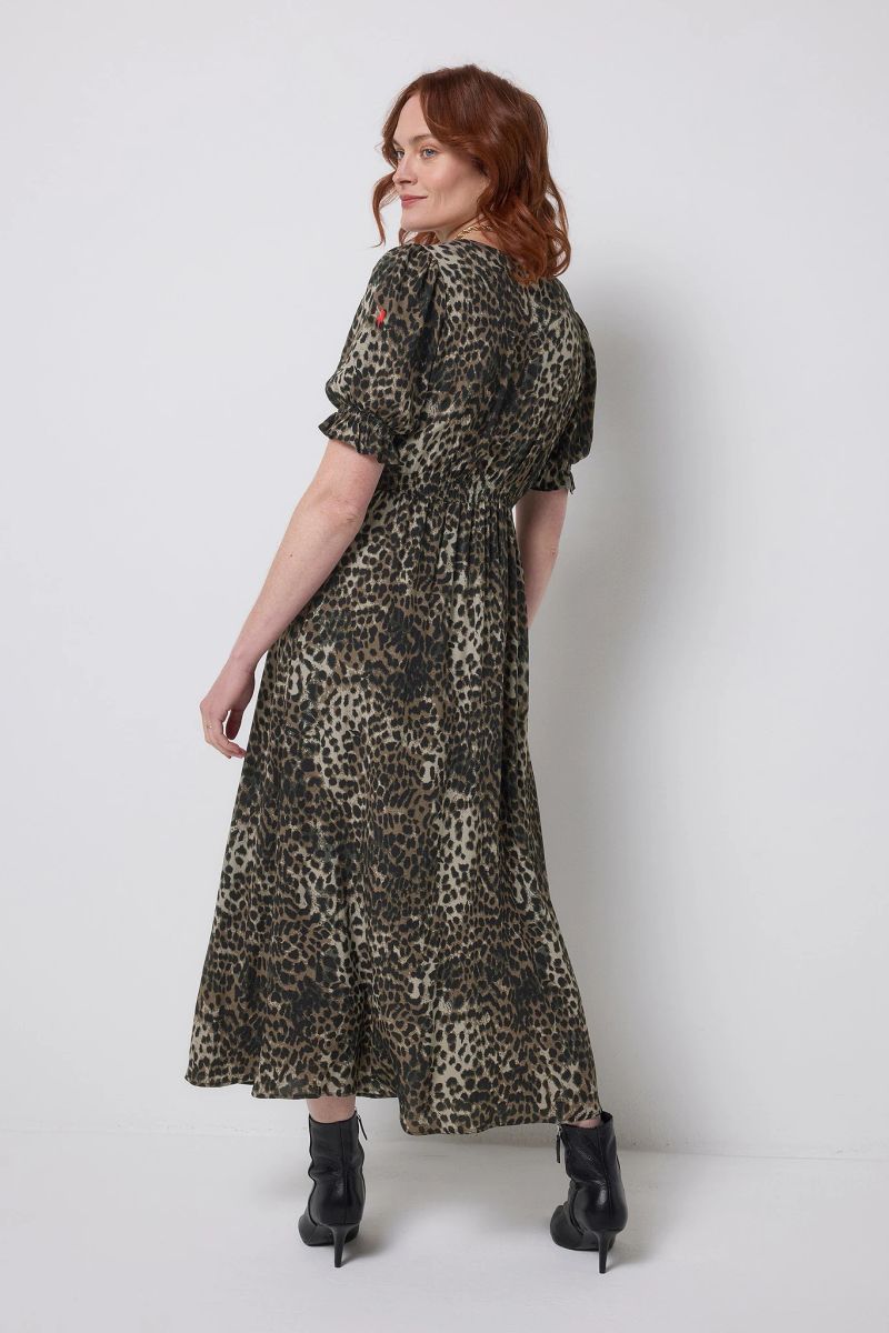 Robe Midi Kaki Guépard Manches Flûte