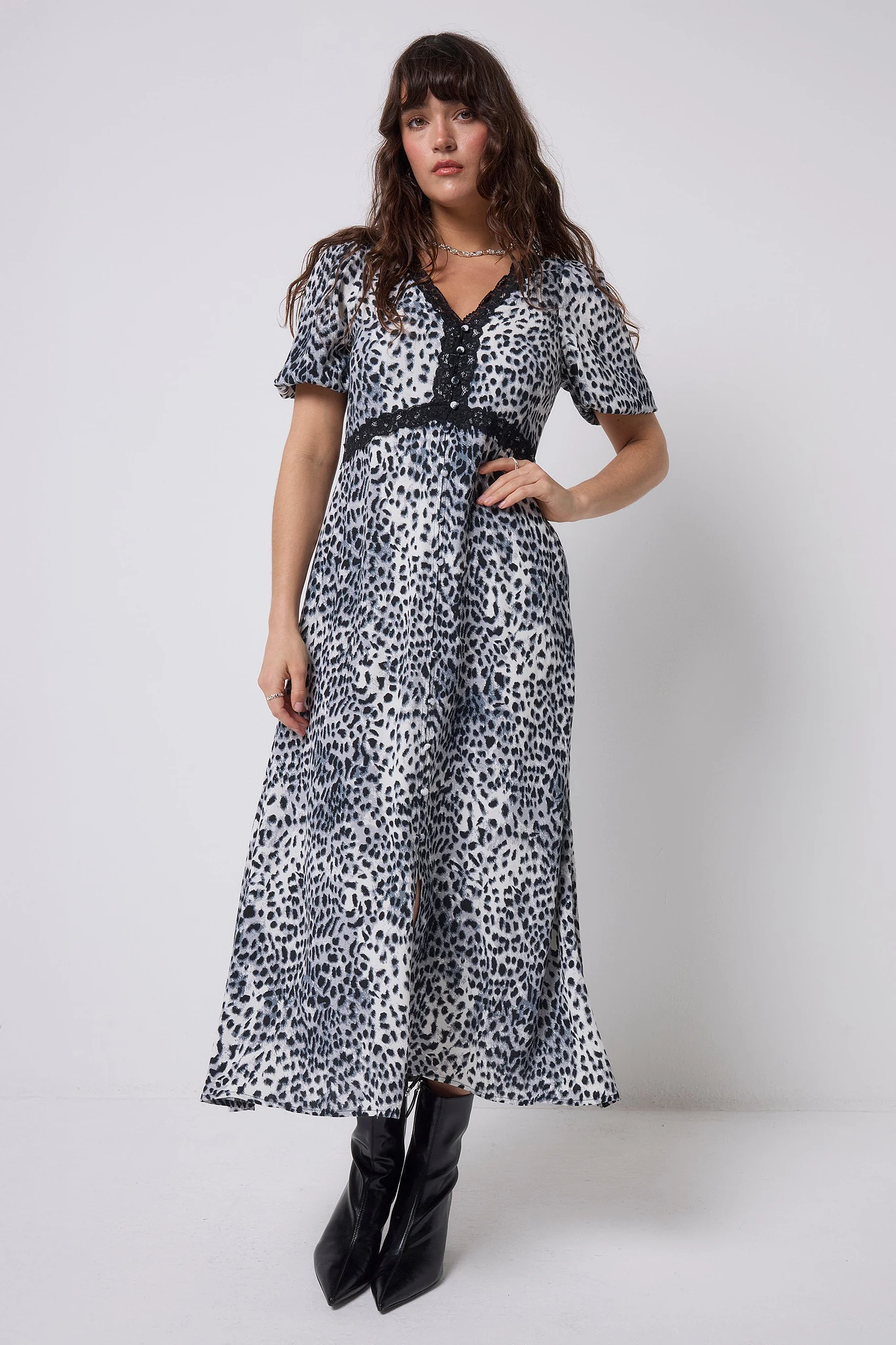 Grey Cheetah Lace Trim Puff Sleeve Midi Tea Dress