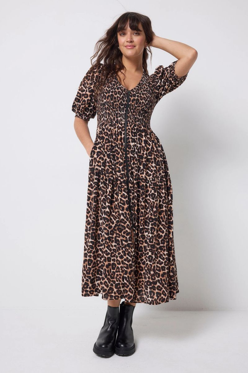 Neutral Jaguar Shirred Zip Detail Midi Jurk - 12 / Neutral