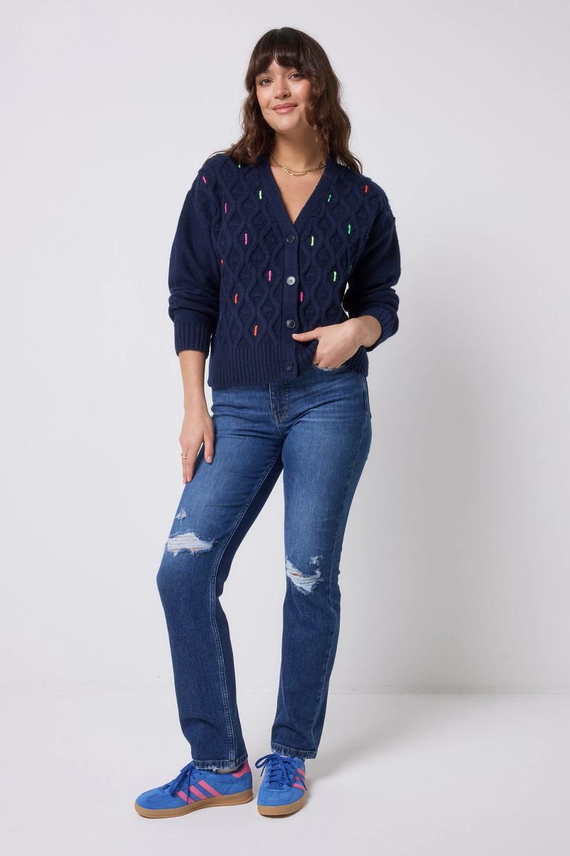 Azul marino con Motas Arcoíris Neón Cardigan Punto Cable - 18 / Navy