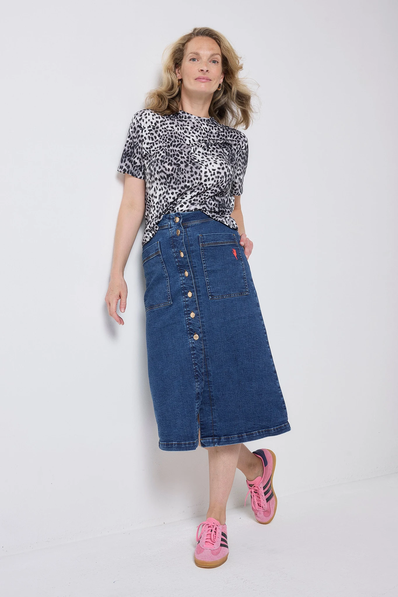 Authentic Indigo Button Front A-Line Denim Midi Skirt