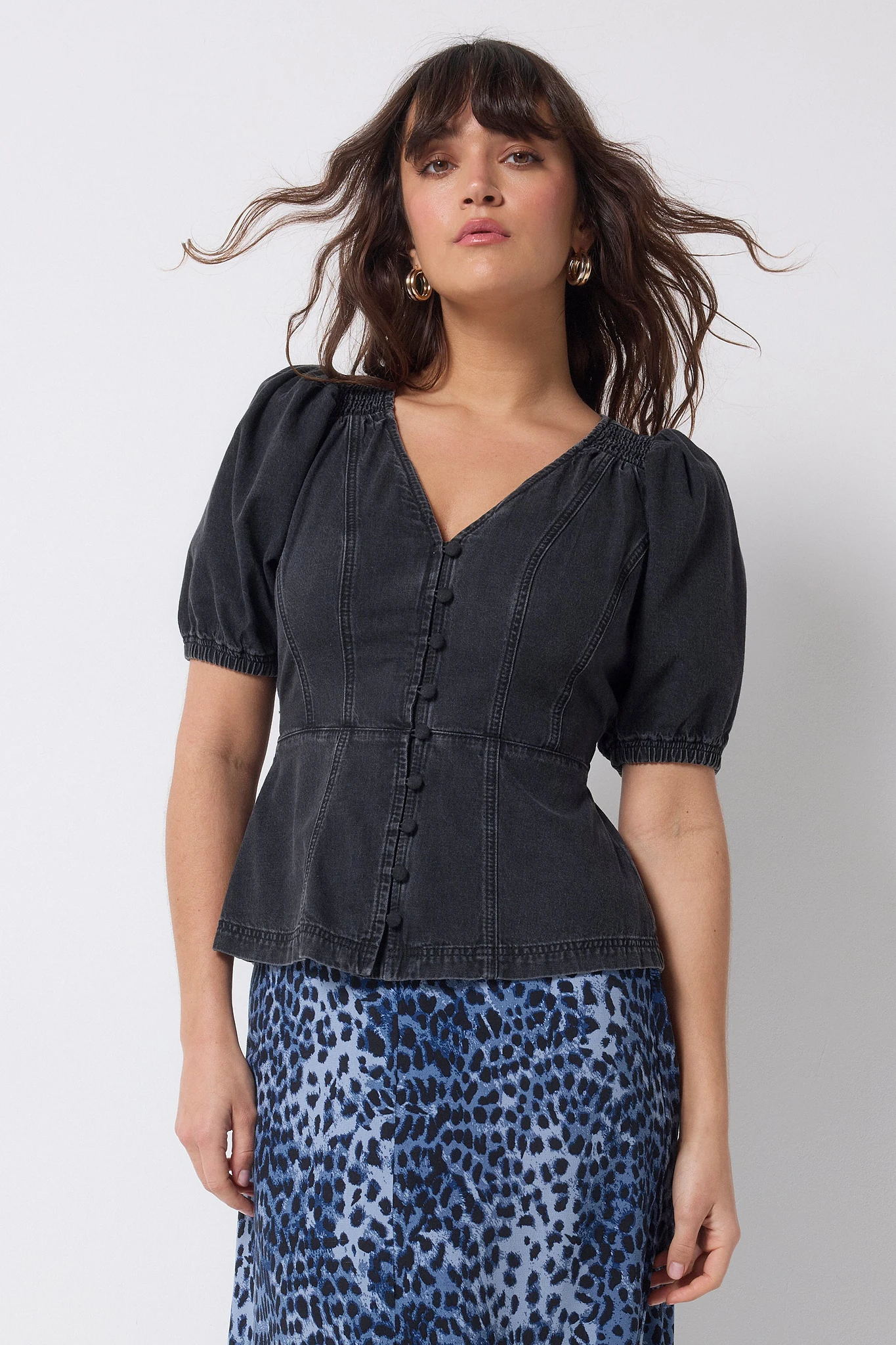 Washed Black Button Through Denim Top