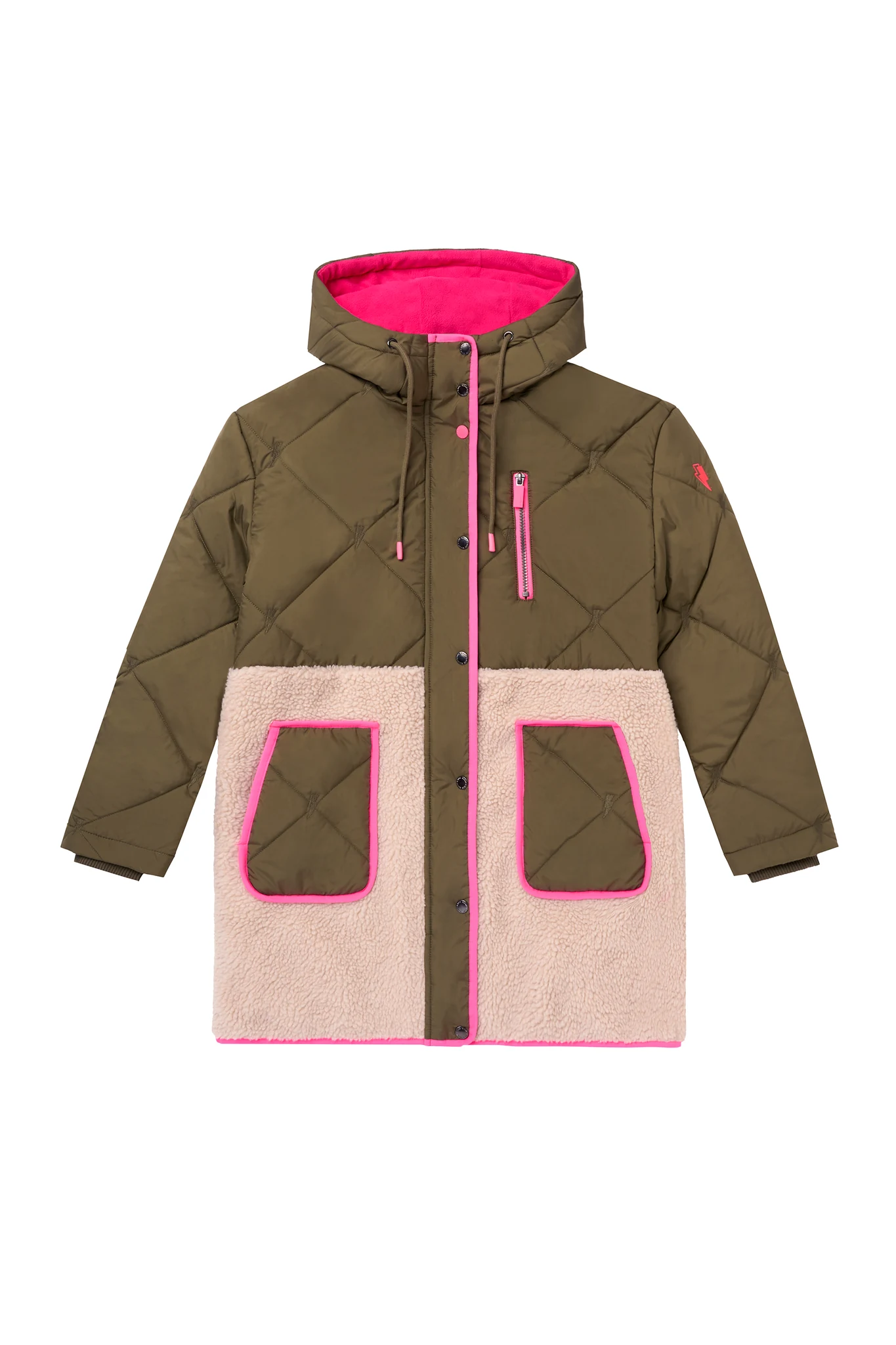 Khaki and Pink Quilted Borg Hooded Coat