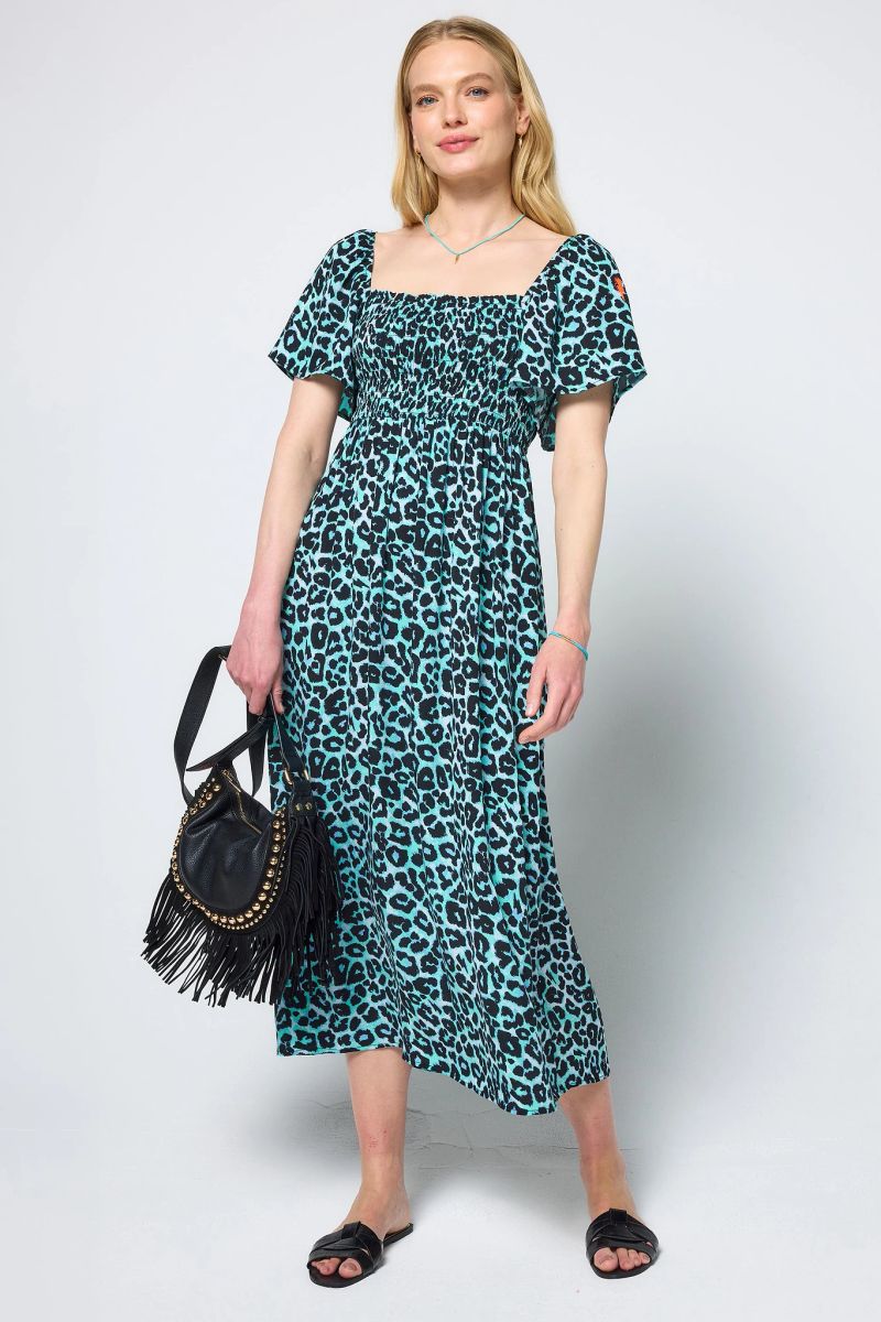 Mint Jaguar Shirred Square Neck Midi Dress