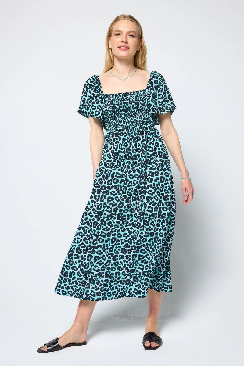 Mint Jaguar Shirred Square Neck Midi Dress