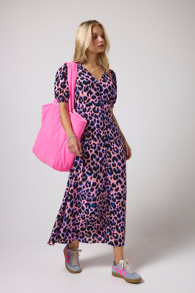 Rosa con Sombra Azul Leopardo Blouson Manga Midi Vestido
