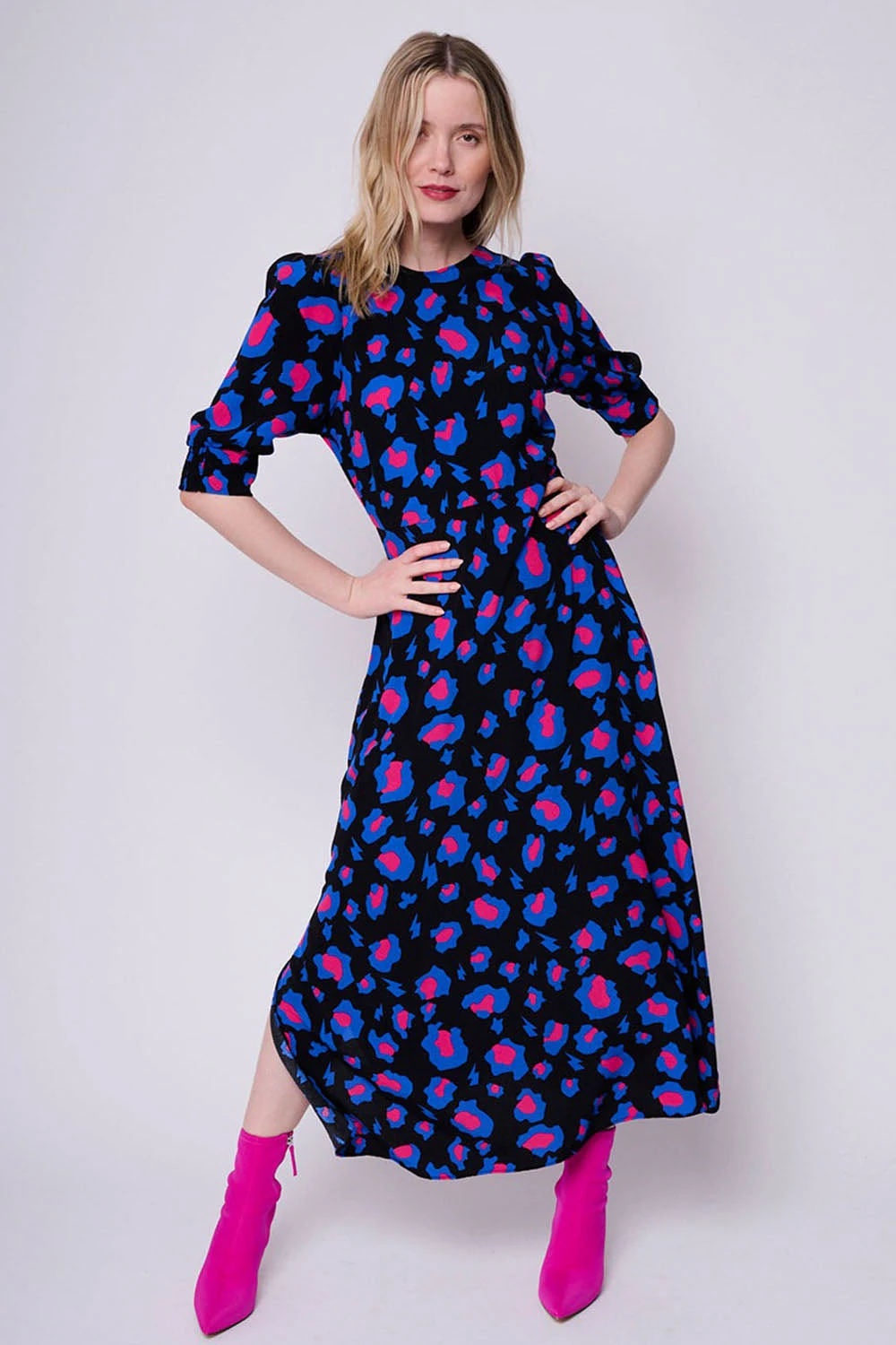 Black with Electric Blue and Pink Snow Leopard Midi Dress