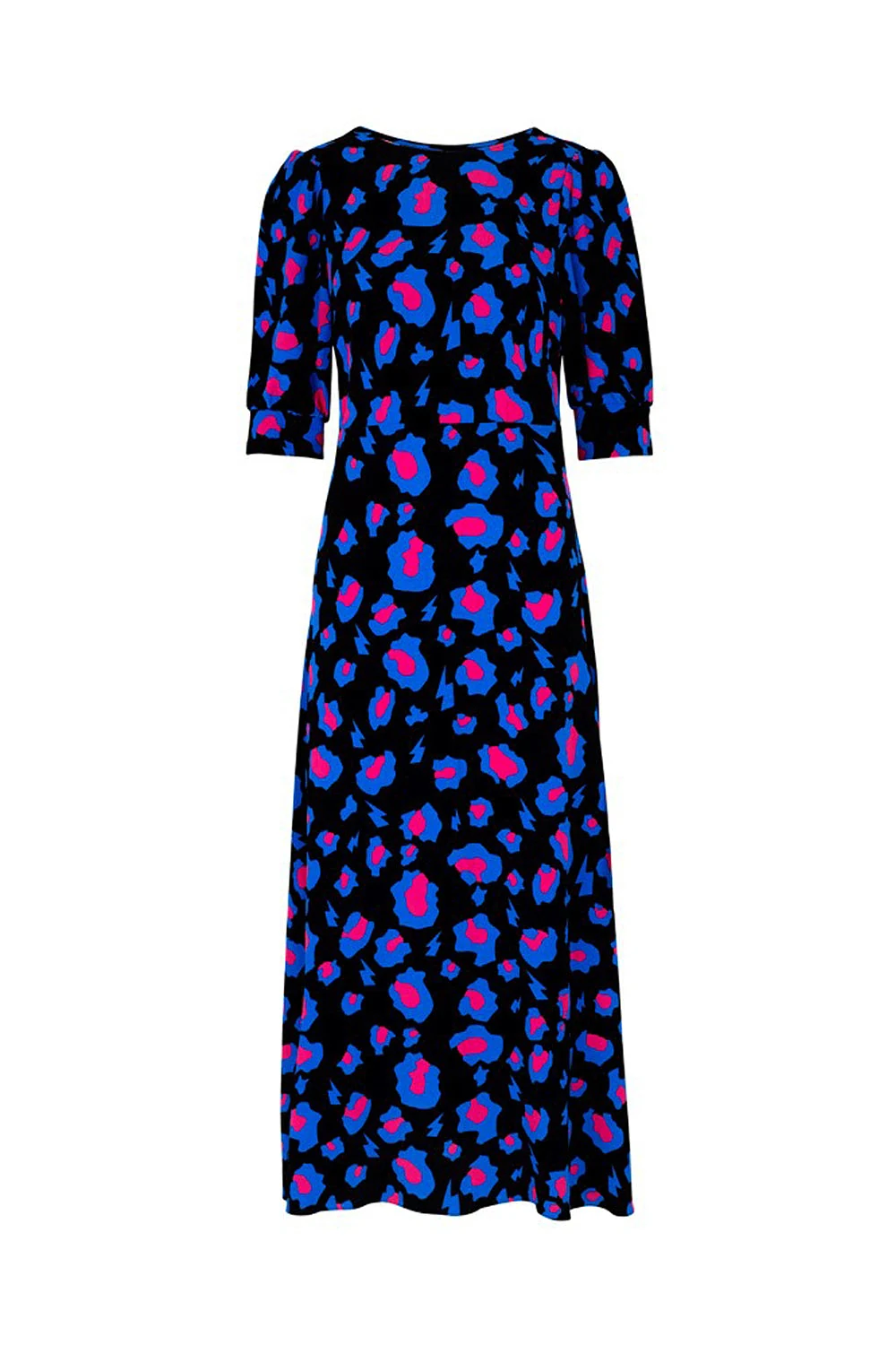 Black with Electric Blue and Pink Snow Leopard Midi Dress