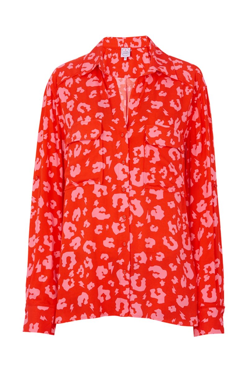 Red with Pink Leopard Utility Pocket Shirt