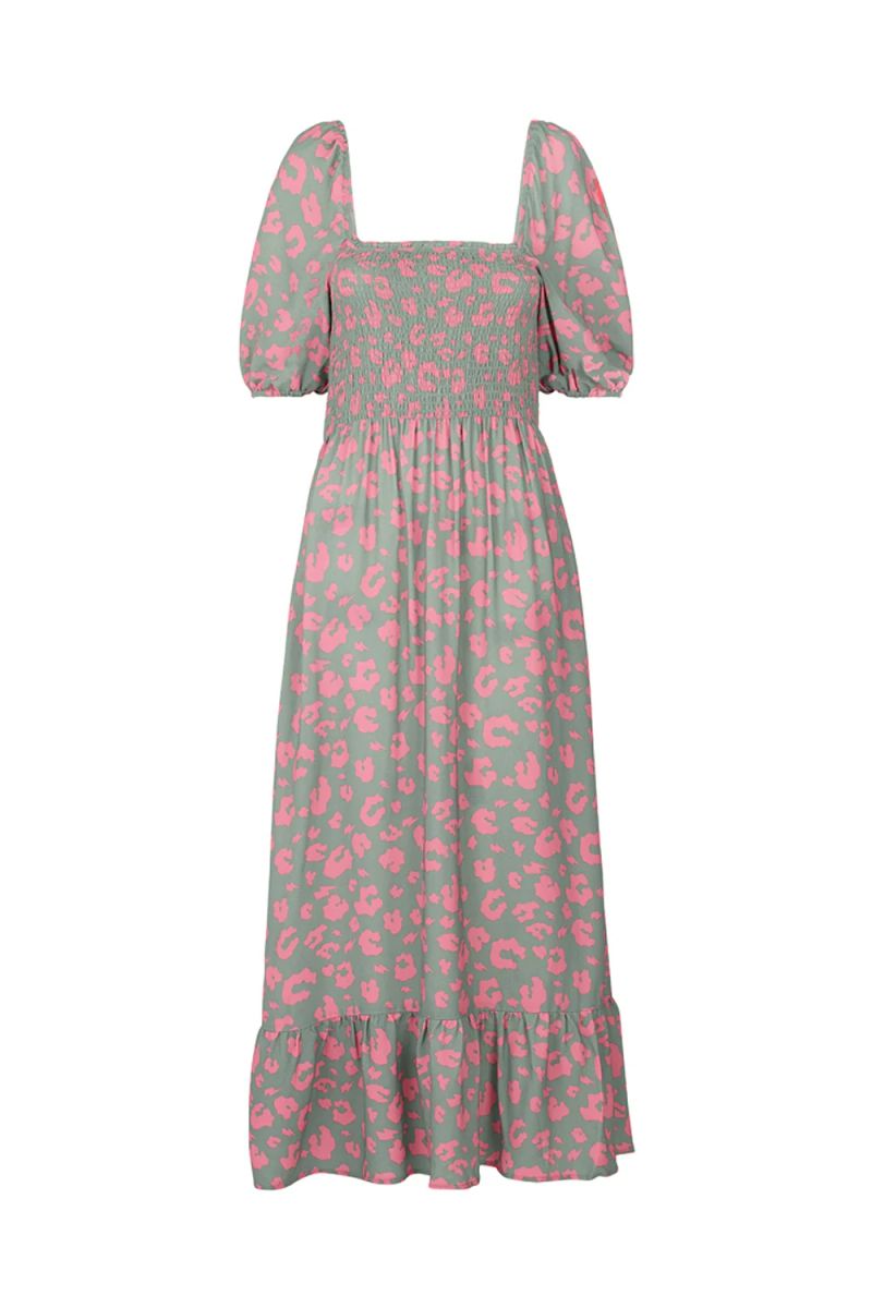 Kaki met Roze Luipaard Geplooide Midi Jurk