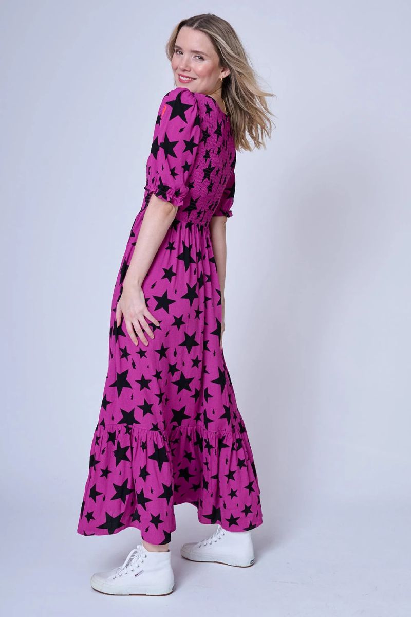 Magenta Star Shirred Maxi Dress