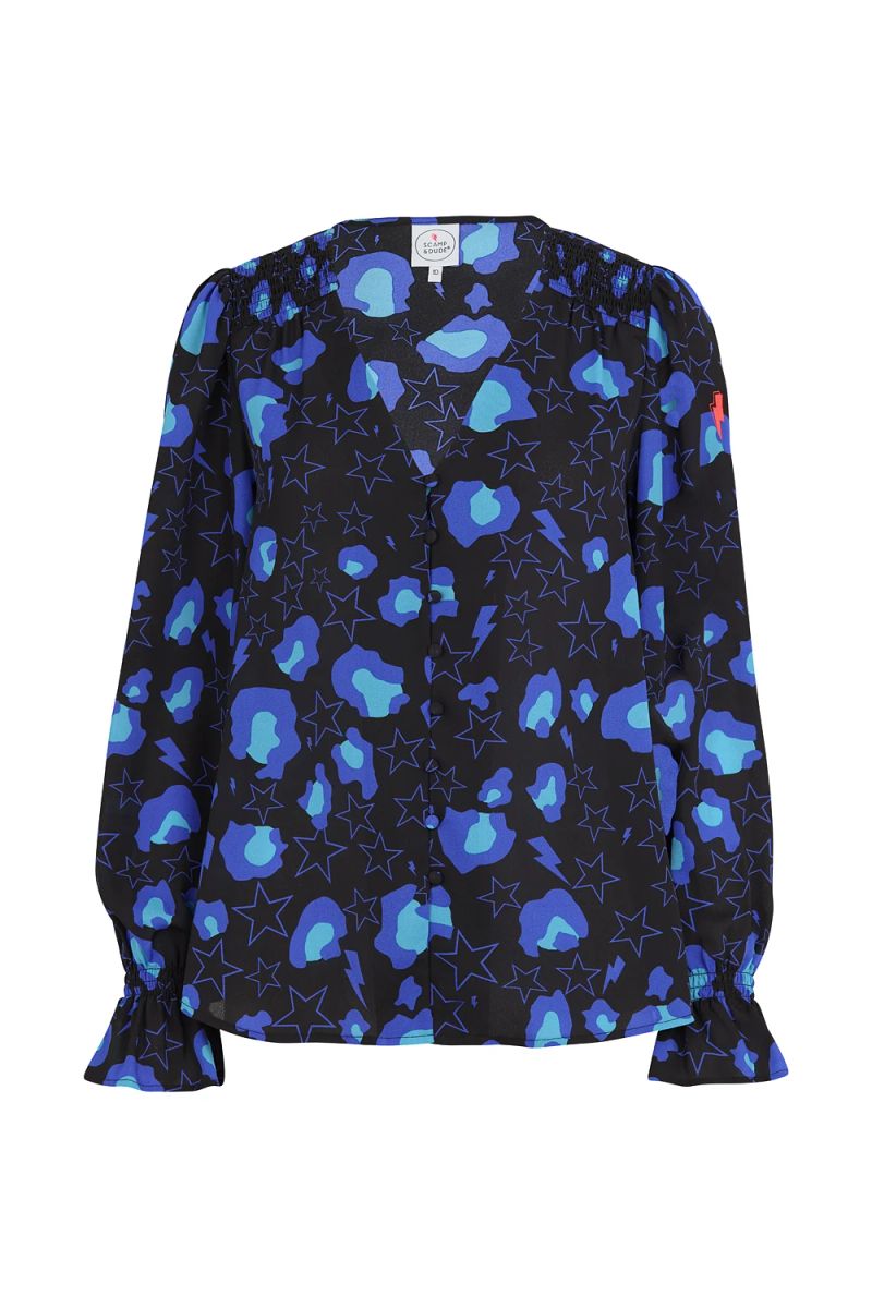 Negro con Estampado Leopardo de Nieve Azul Estrella y Rayo Top