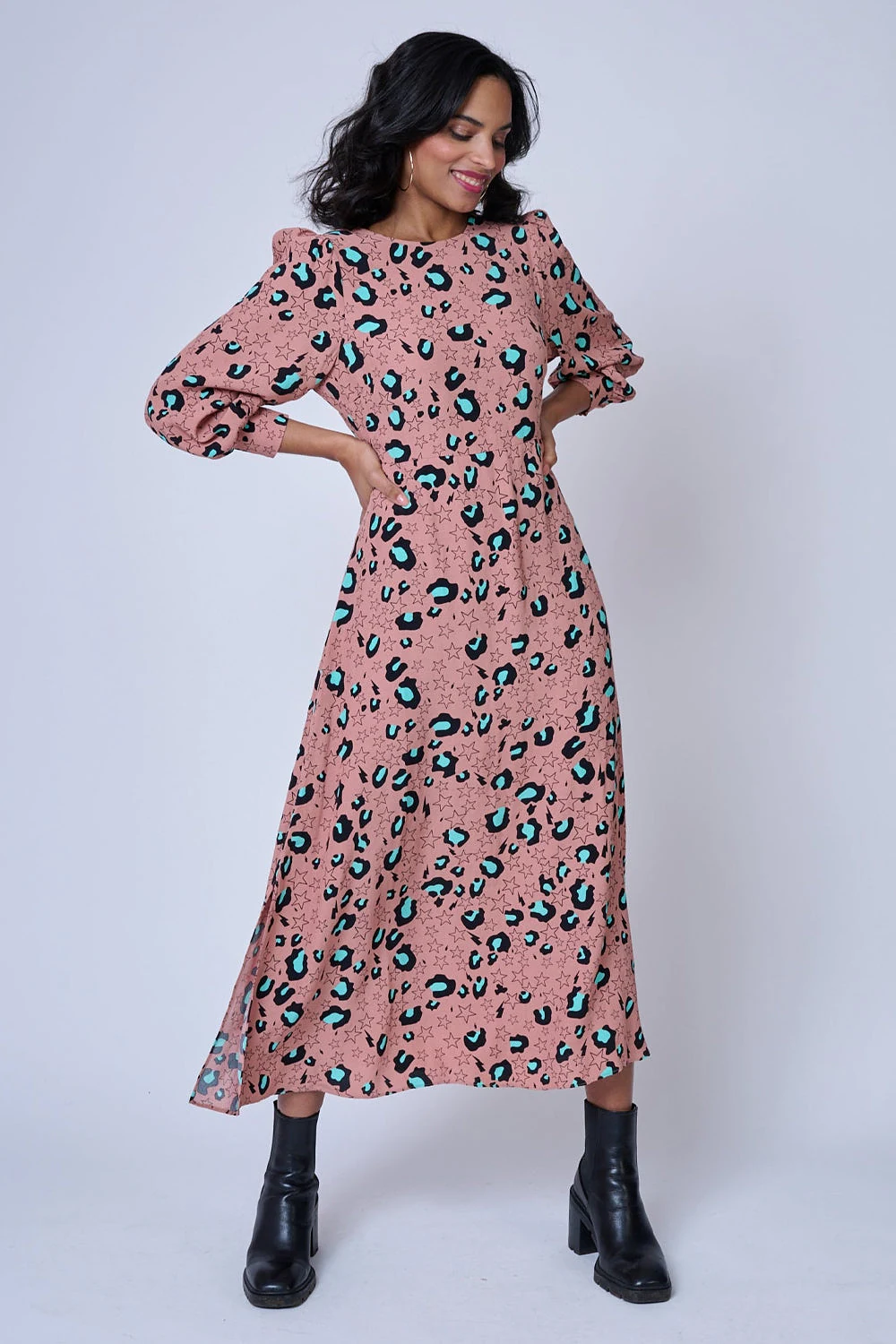 Camel with Aqua and Black Snow Leopard Star and Lightning Bolt Midi Dress