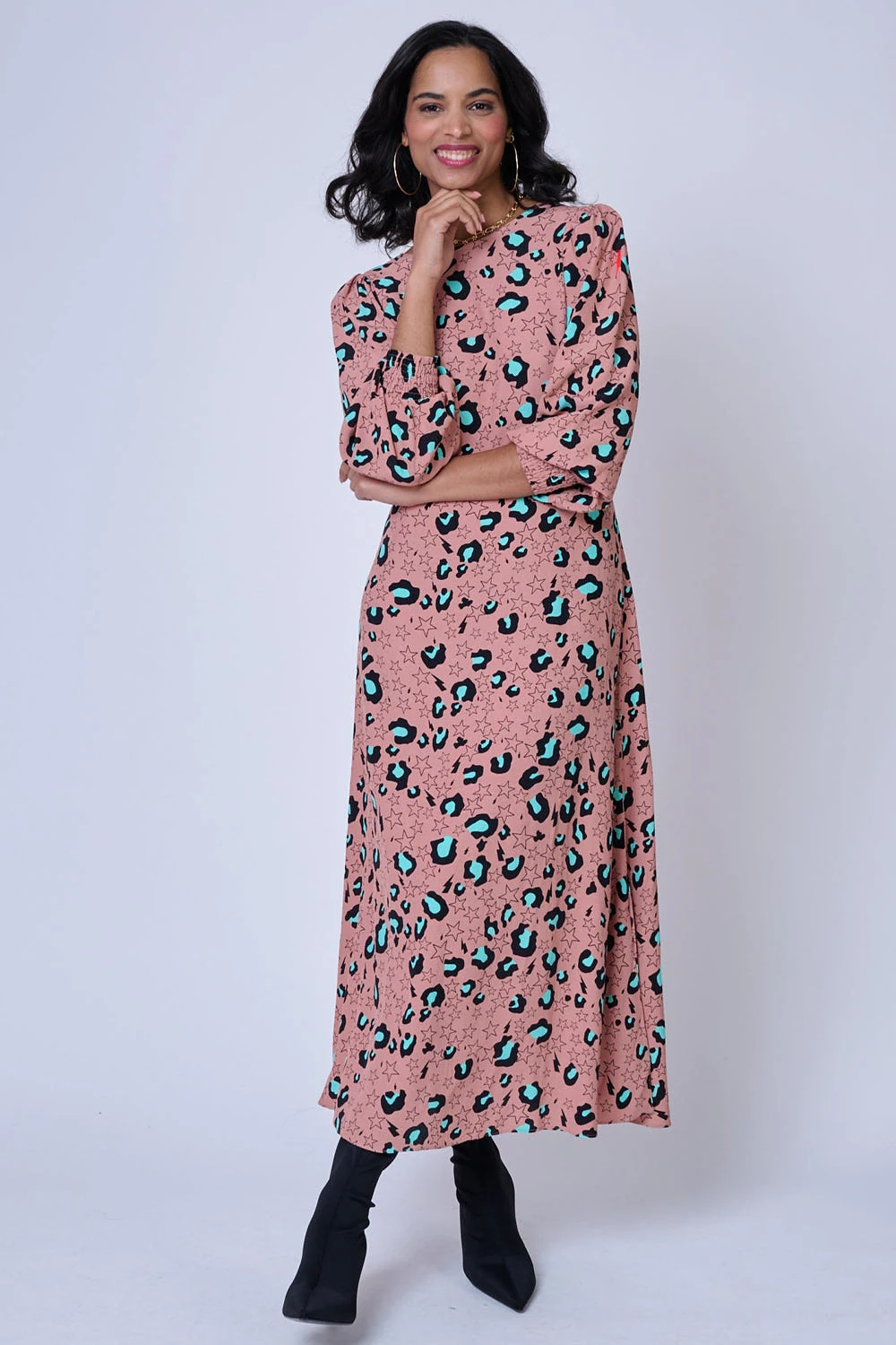 Camel with Aqua and Black Snow Leopard Star and Lightning Bolt Midi Dress