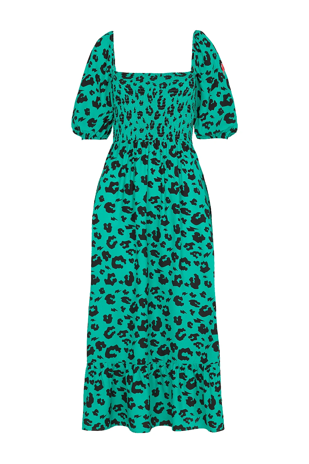 Green with Black Leopard Shirred Midi Dress