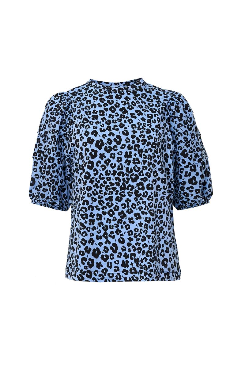 Bleu doux avec léopard floral noir T-shirt manches pincées