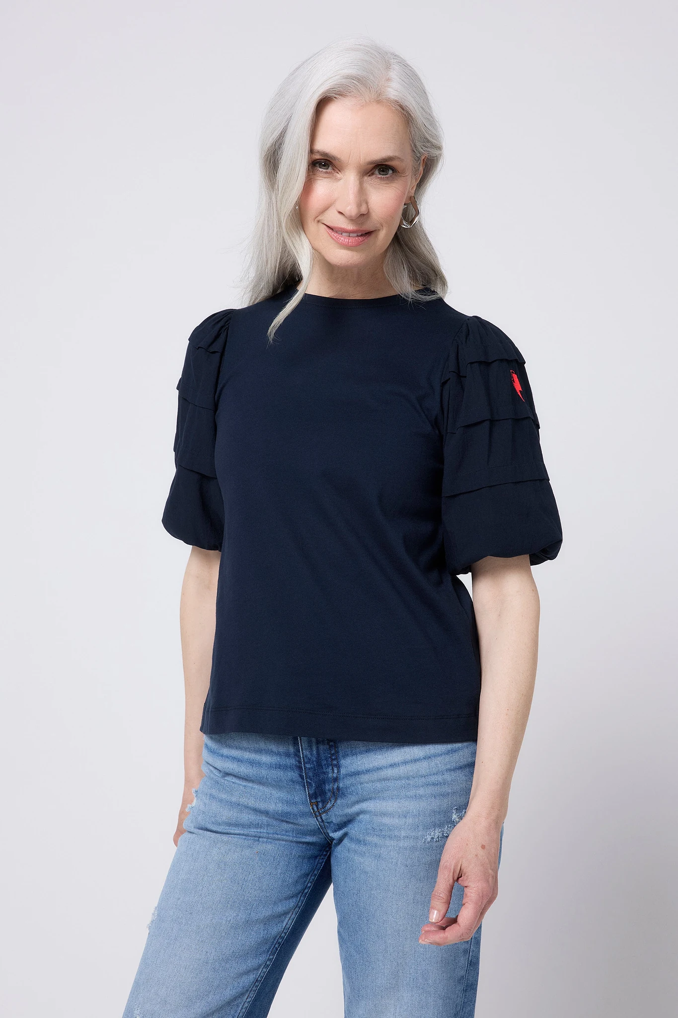 Navy Pintuck Sleeve T-Shirt