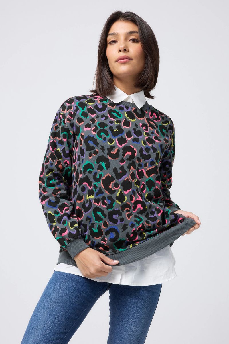 Gris avec Léopard Ombre Arc-en-ciel Sweatshirt Surdimensionné