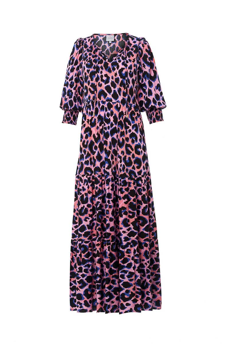 Roze met Blauw en Zwart Shadow Leopard Korte Thee Jurk