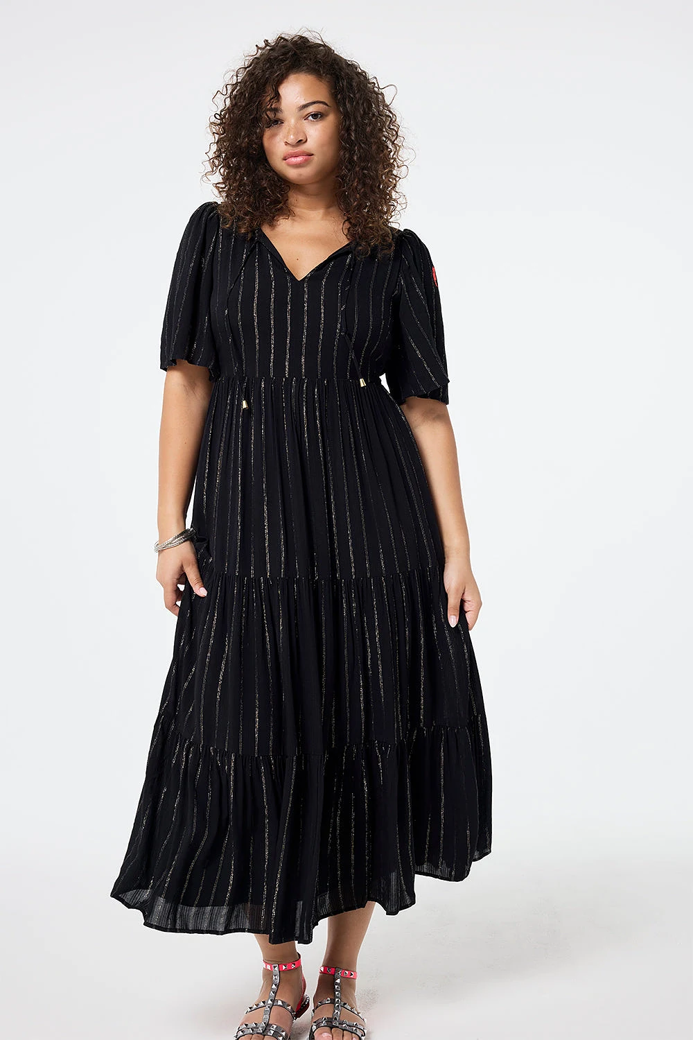 Black with Silver Lurex Angel Sleeve Tie Front Maxi Dress - 14 / Black / Maxi
