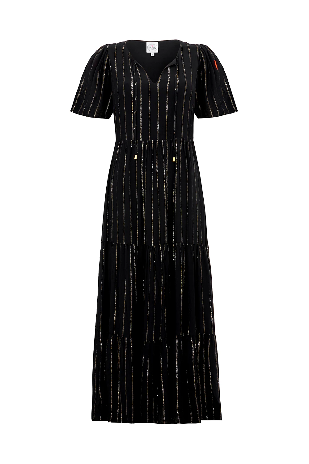 Black with Silver Lurex Angel Sleeve Tie Front Maxi Dress - 14 / Black / Maxi