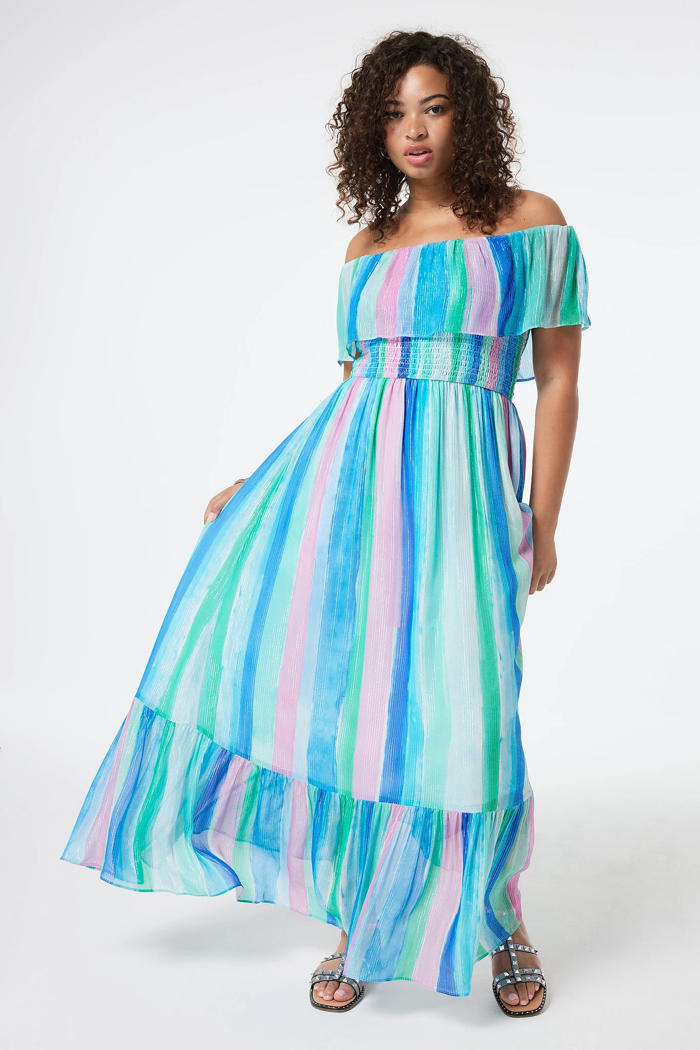 Rainbow Stripe Bardot Maxi Dress