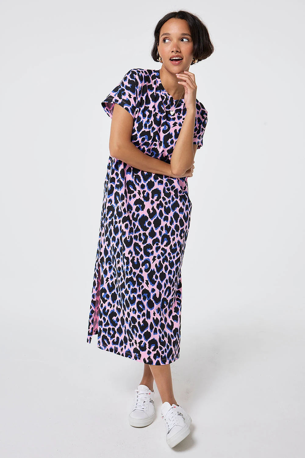 Pink with Blue and Black Shadow Leopard Midi T-Shirt Dress