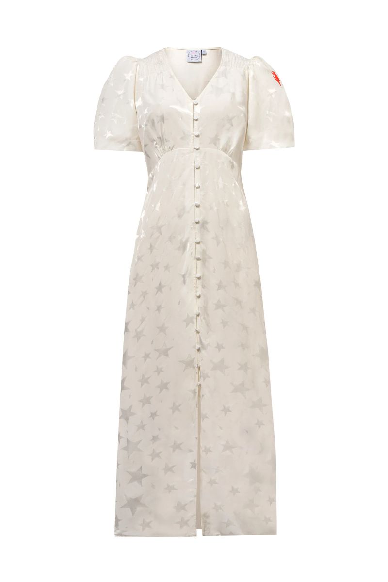 Witte Jacquard Ster Puff Sleeve Midi Jurk