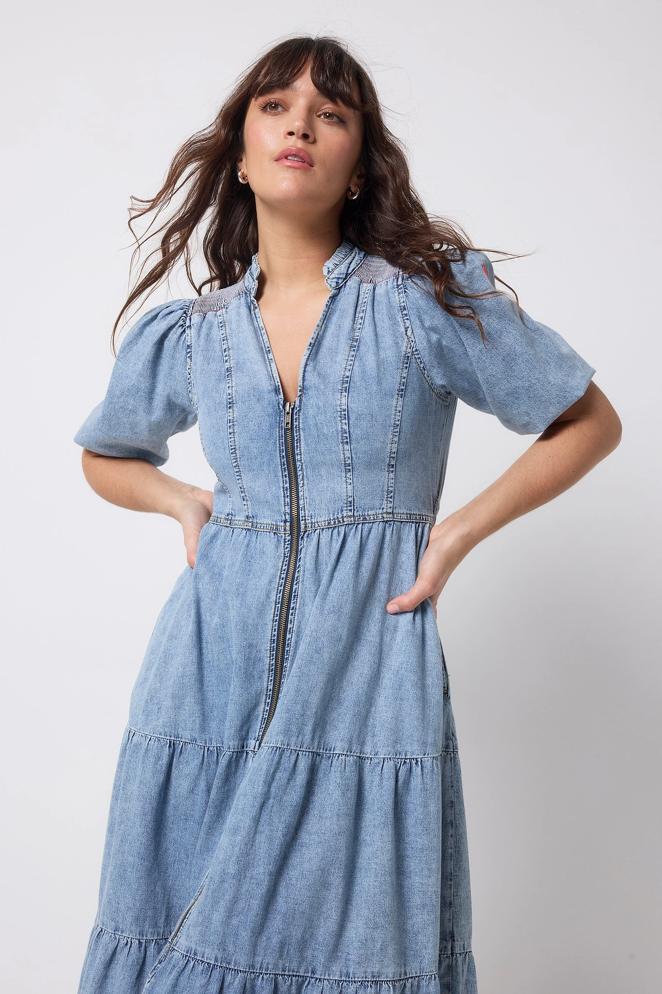 Pale Indigo Zip Detail Tiered Midi Denim Dress