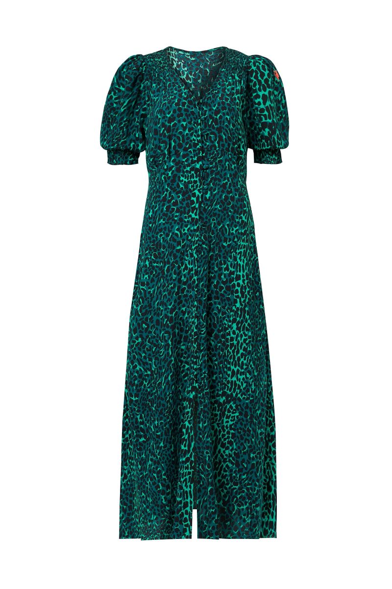 Green with Black Wild Leopard Flute Sleeve Midi Tea Dress