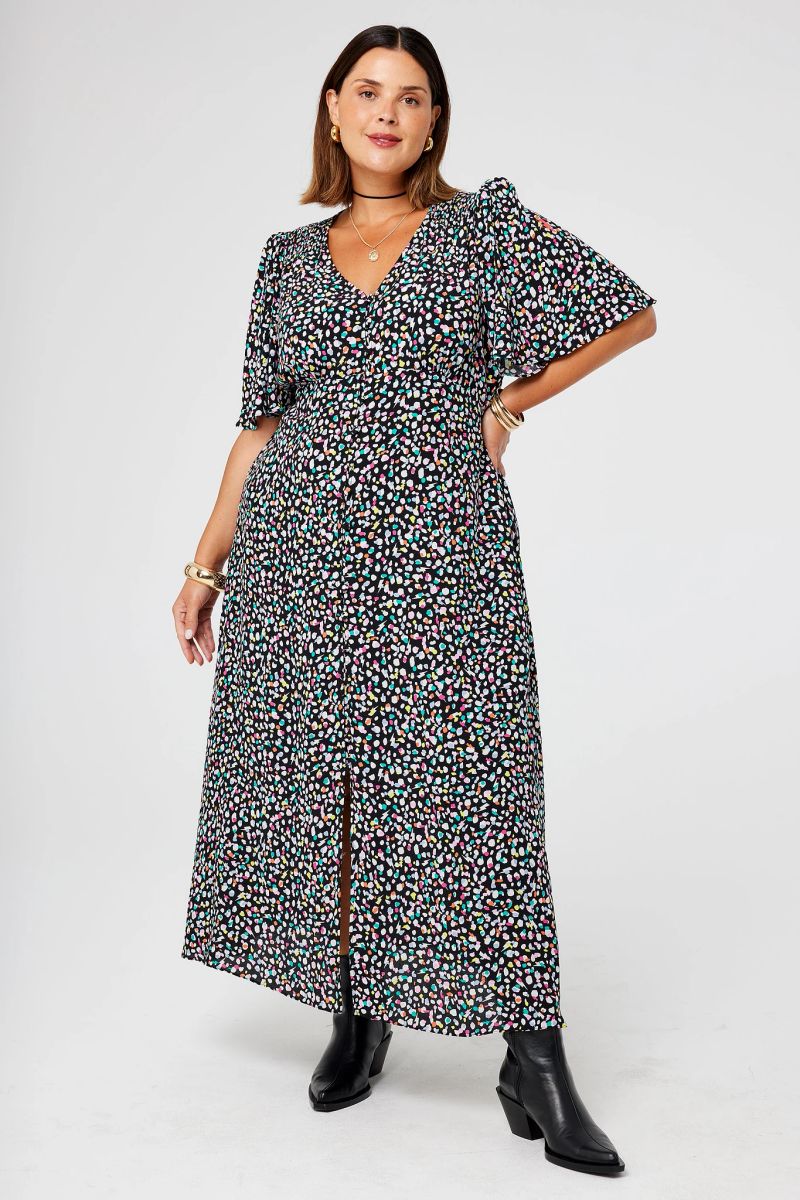 Zwart met Regenboog Confetti Angel Sleeve Midi Tea Dress