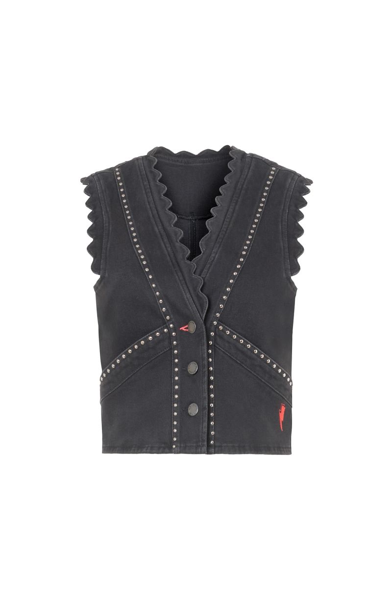 Washed Black Studded Denim Scallop Waistcoat - 14 / Black