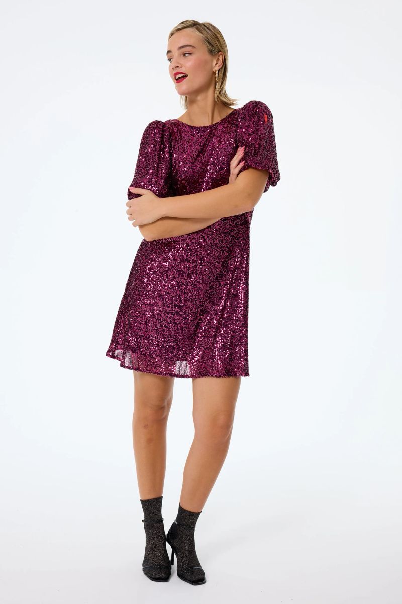 Pink Sequin Puff Sleeve Short Dress - 10 / Pink / Mini