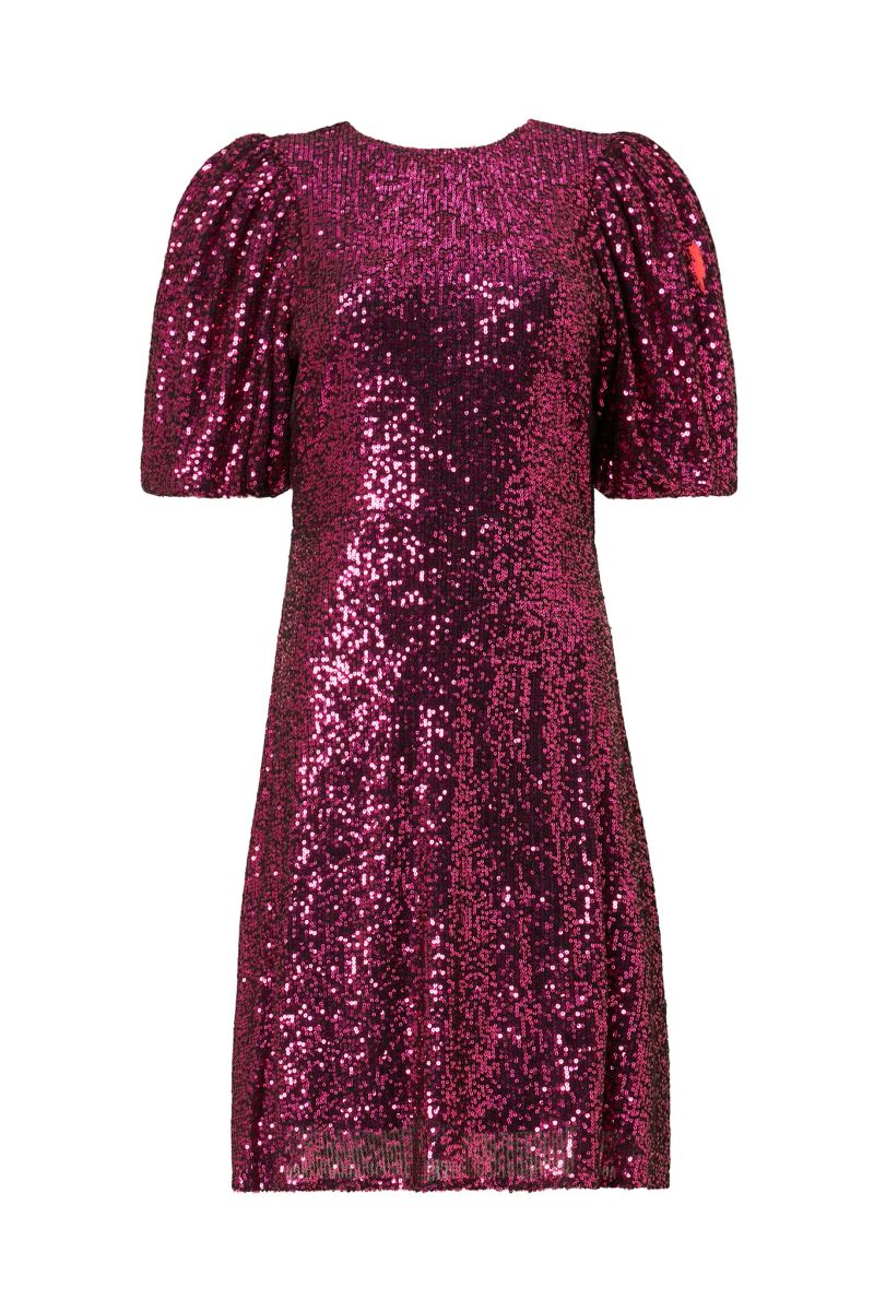 Pink Sequin Puff Sleeve Short Dress - 10 / Pink / Mini