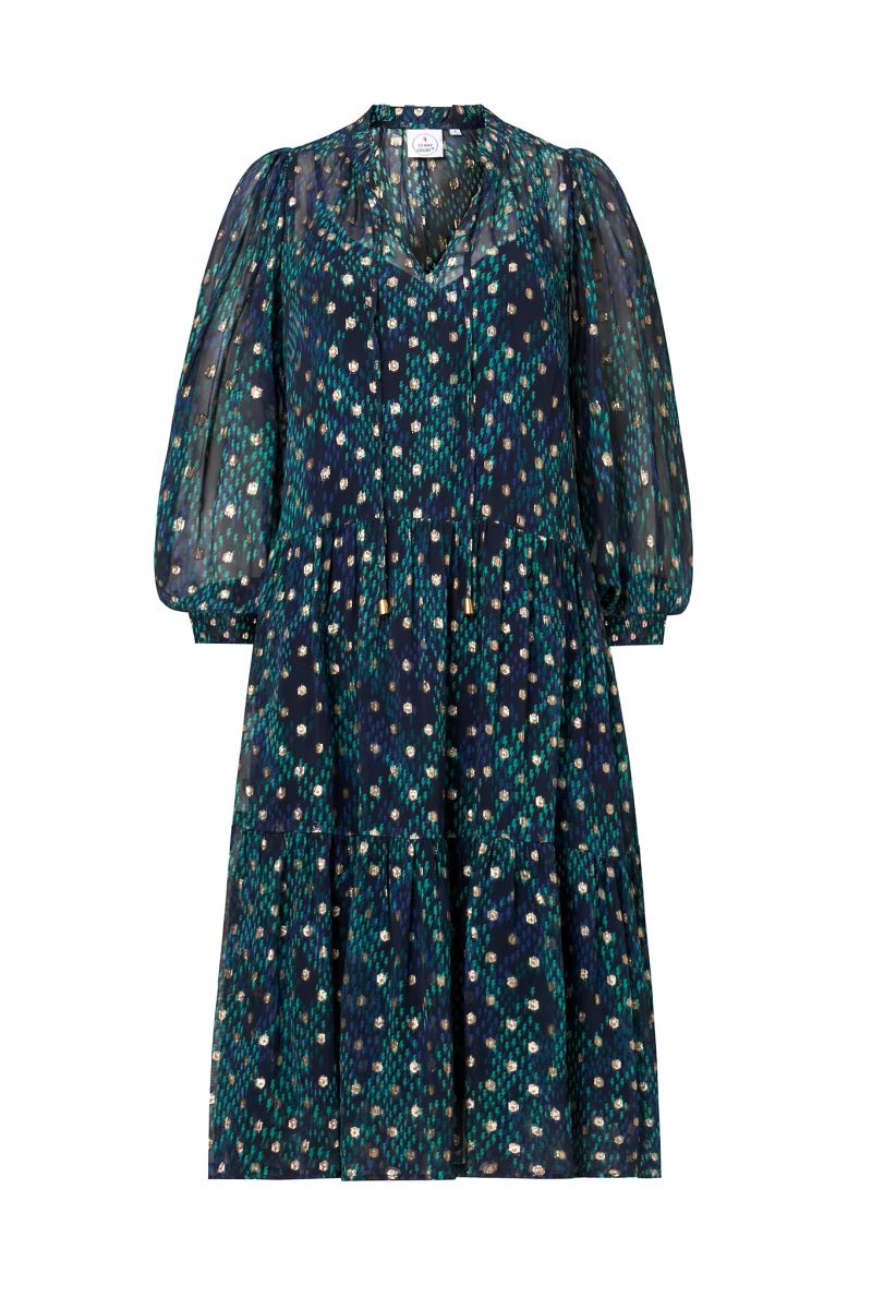Midnight with Teal Snake Print Foil Chiffon Tiered Short Dress