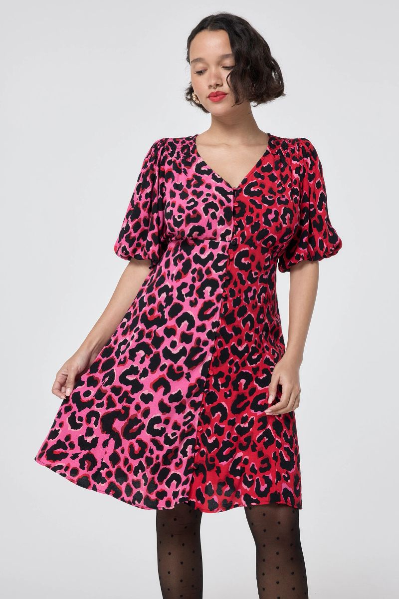 Red with Pink and Black Mix and Match Pop Leopard Puff Sleeve Short Tea ...