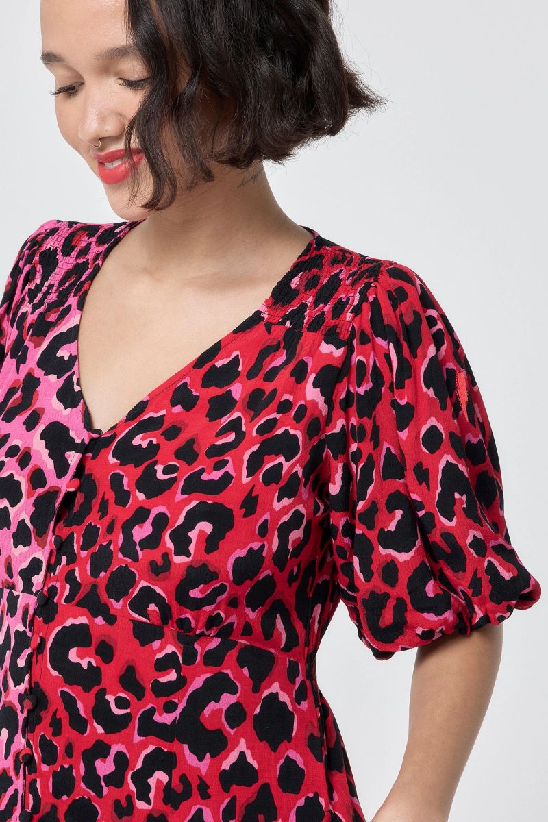 Red with Pink and Black Mix and Match Pop Leopard Puff Sleeve Short Tea ...