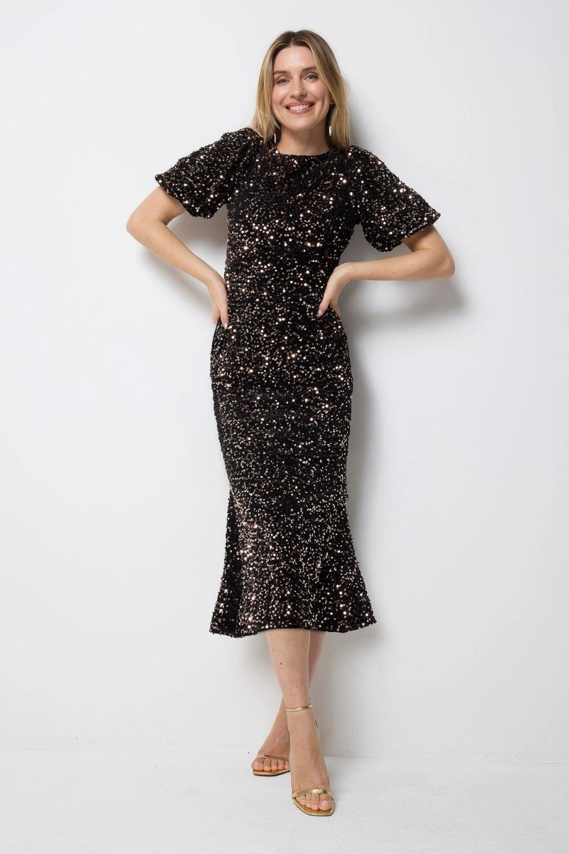 Abito Midi Velluto Bronze Paillettes Laccio Schiena Manica Puff