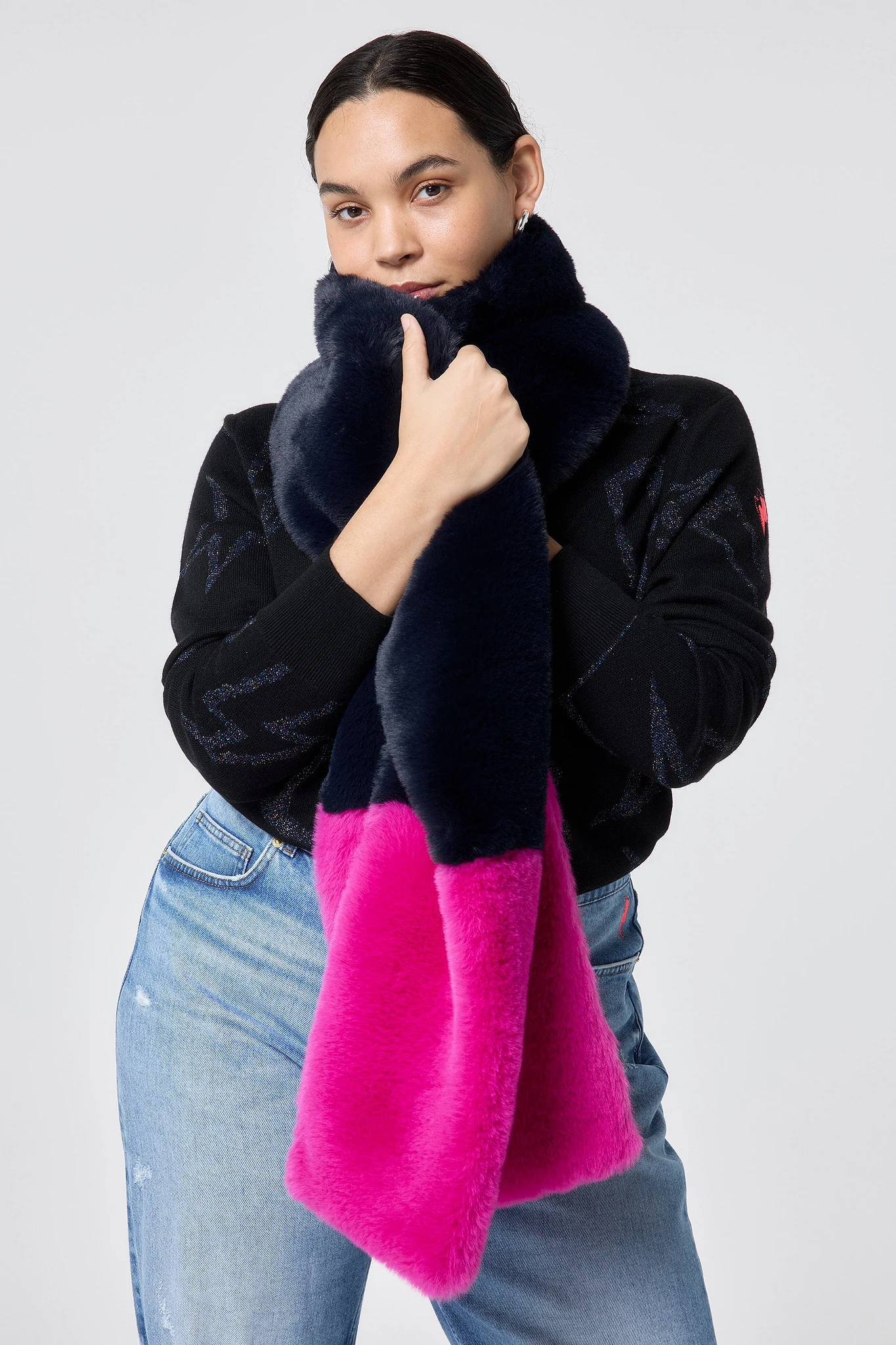 Pink and Navy Colour Block Faux Fur Scarf - One Size