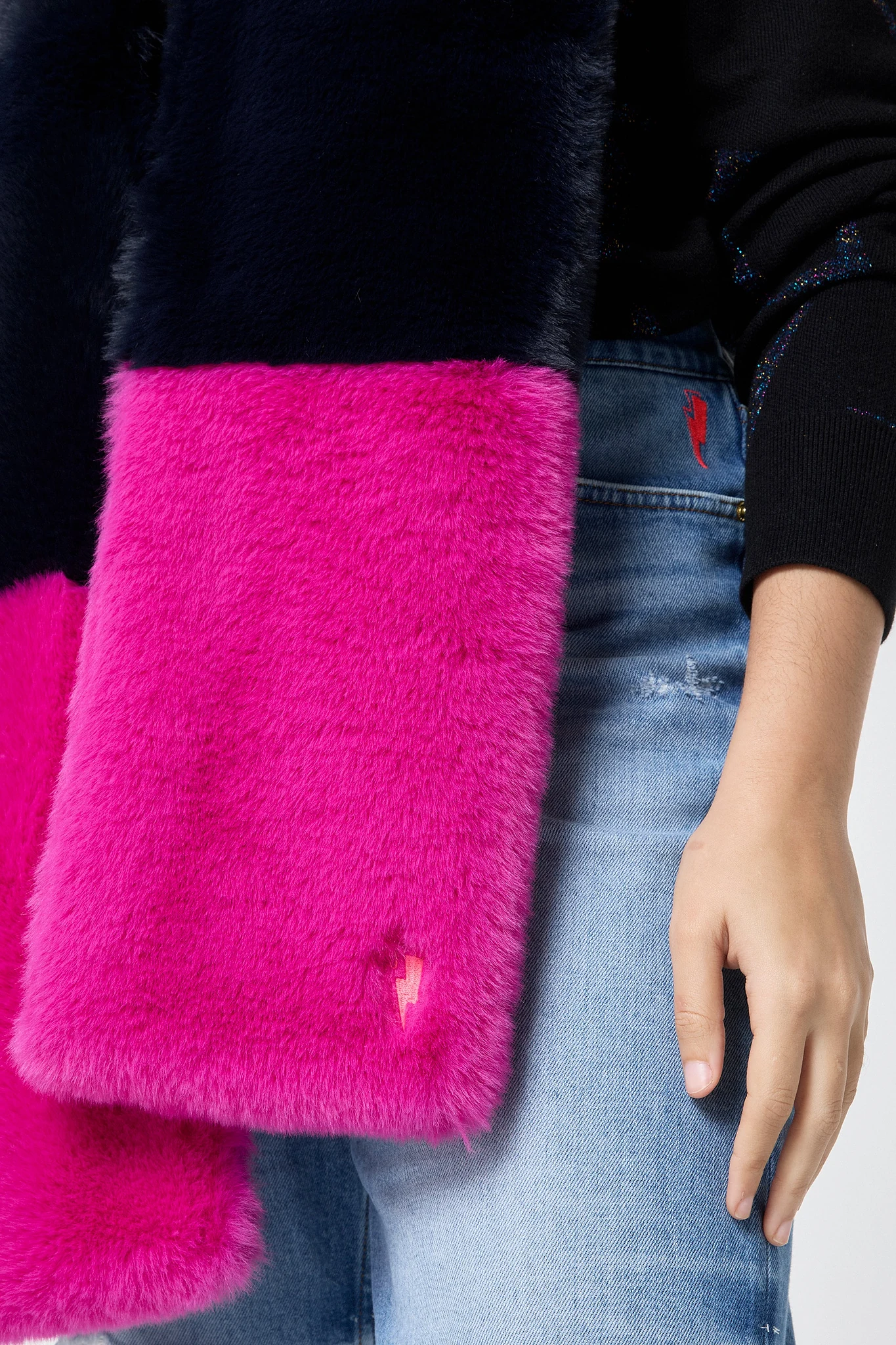 Pink and Navy Colour Block Faux Fur Scarf - One Size