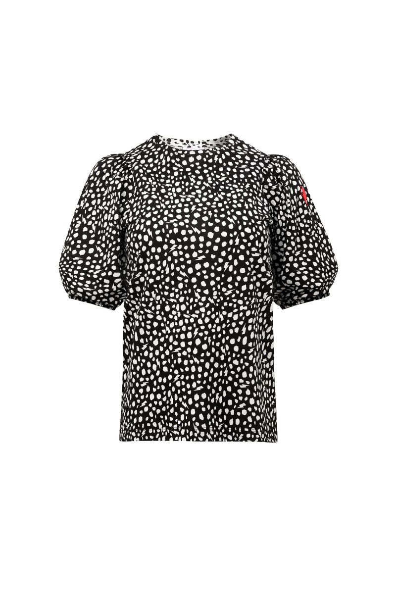 Noir avec T-Shirt Manches Bouffantes Guépard Blanc