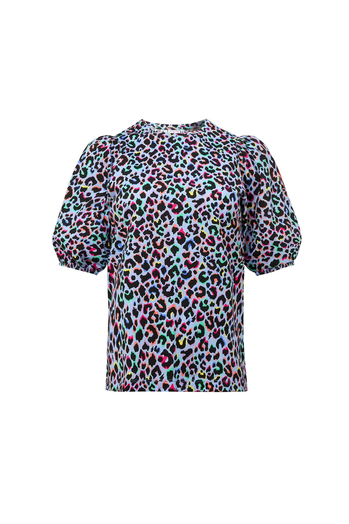 Light Blue with Rainbow Shadow Leopard Puff Sleeve T-Shirt
